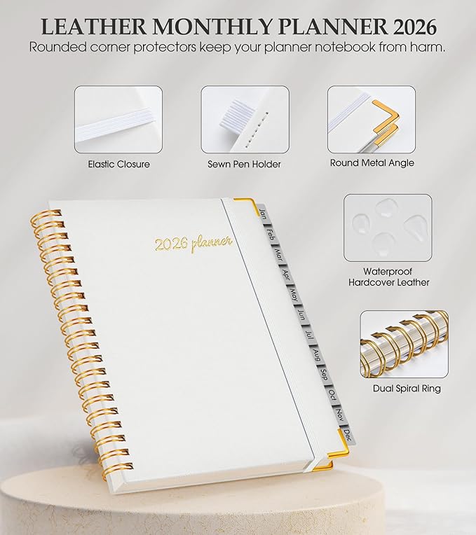 2026 Planner, Weekly and Monthly Calendar Planner from January 2026 - December 2026, 5.75" x 8.38" Hardcover Leather Hourly Appointment Book with Tabs, A5 Spiral Daily Planners for College School Work Home, White