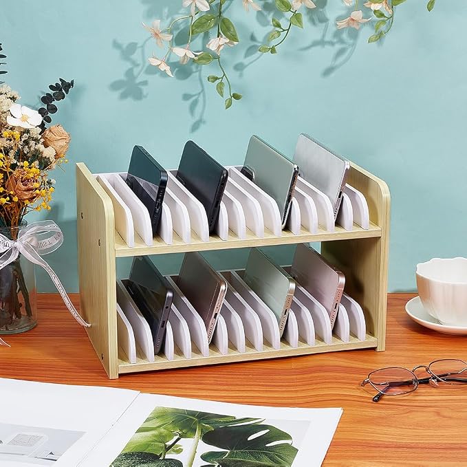UNICRAFTALE 2 Tier Wooden Phones Storage 30 Grid Classroom Cell Phone Holder Light Khaki Mobile Phone Desktop Organizer Storages Box Adjustable Multiple Cell Phones Rack Caddy for Office 12x7x7 Inch