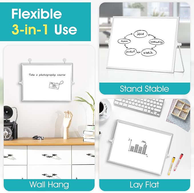 Dry Erase White Board, WALGLASS 12" x 8" Small Desktop Whiteboard with Stand, Double-Sided Magnetic Whiteboard, Portable Dry Erase Board for Kids Drawing, Study, Home, Office, School