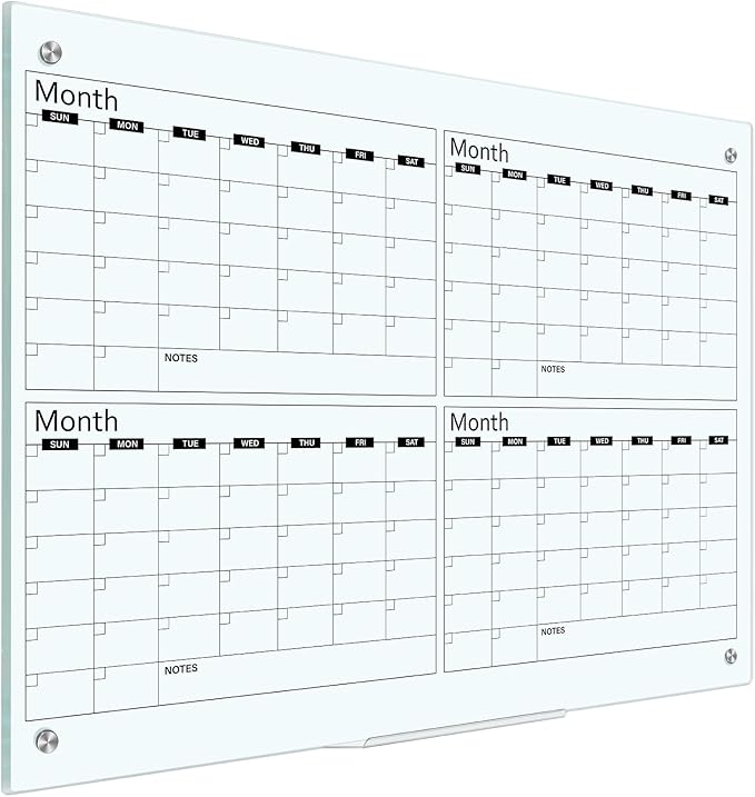 Glass Whiteboard Calendar Dry-Erase White Board Planner Glass Large Wall Mounted Calendar with Marker Tray for Wall Home or Office(Transparent,36" X 24",4 Month)