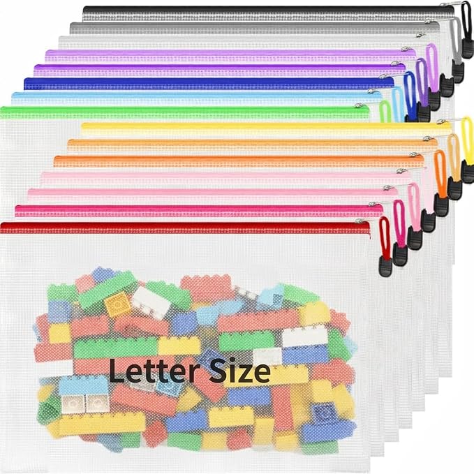 EVERECO 30pcs Mesh Zipper Pouch Bags, Letter Size A4 Mesh Bags with Zipper, Plastic Zipper Pouches for Classroom Office Supplies, Travel, Board Game Storage & Puzzle Storage