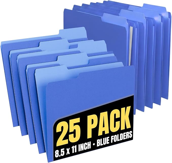 1InTheOffice Blue File Folders Top-Tab File Folders, 3 Tab, Blue Folders, Letter Size, 25/Pack