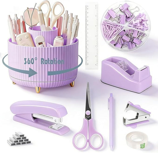 Gawsey Purple Desk Organizers and Accessories with Desk Organizer 360° Rotating Pen Holder and Office Supplies, Cute Stationery Supplies Set
