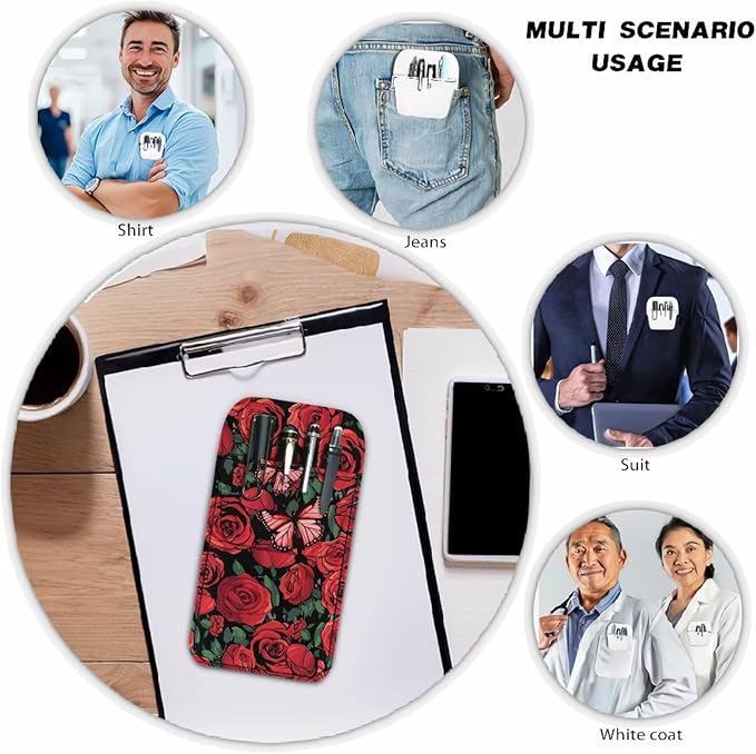 chaqlin Red Rose Butterfly Print Pocket Protector, Fashion Leather Pocket Pen Holder Organizer Pouch for Shirts Lab Coats Pants Pen Sleeve