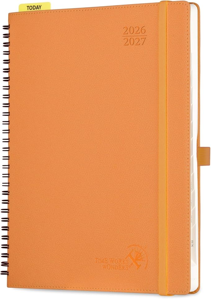 POPRUN 2026-2027 Academic Weekly Planner, Large 8.5" x 10.5" Horizontal Layout Calendar Agenda from July 2026 to June 2027, Softcover Appionment Book with Monthly Tabs, Spiral Bound, Inner-Pocket - Orange