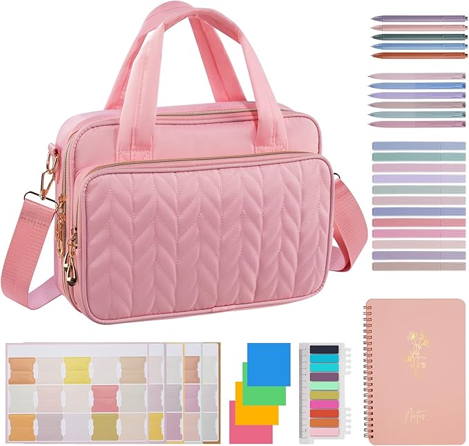 KOPKOFT Bible Cover Case for Women, All-in-One Bible Study Supplies Journaling Kit with Highlighters Tabs, Quilted Book Carrying Cases, Christmas Christian Gifts for Women (Pink)