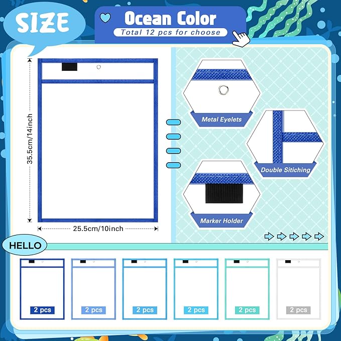 24 Pcs Dry Erase Pocket Reusable Sleeves 10" x 14" Clear Plastic Sheet Protectors with Markers and Mini Dry Erasers for Paper(Ocean Teal)
