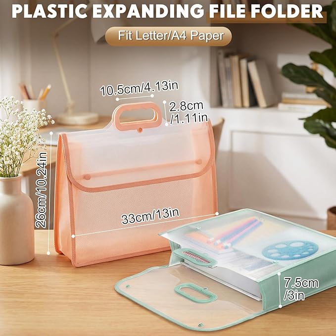 4 Pack Plastic Expanding File Folder with Handle Dividers Large Capacity Transparent Document Organizer Pouch Colorful Envelopes with Snap Closure Fit Letter/a4 Size for School Office Home