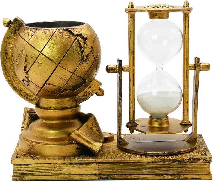 Owlgift Globe-Themed Pencil Holder with Hourglass, Resin Desktop Organizer for Office & Study, Pen Holder with Sand Timer, Classic Globe Addition Scissors Storage, Artistic Gift for Travel Lovers