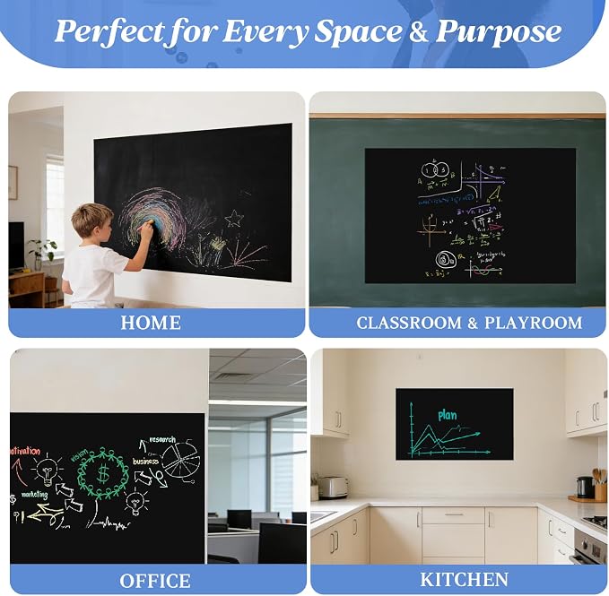 Magnetic Chalkboard Contact Paper Adhesive 35" x 47.24", Magnetic Chalkboards for Wall, Peel and Stick Wall Decal for Classroom Home Includes Dustless Chalks and Wiping Cloth