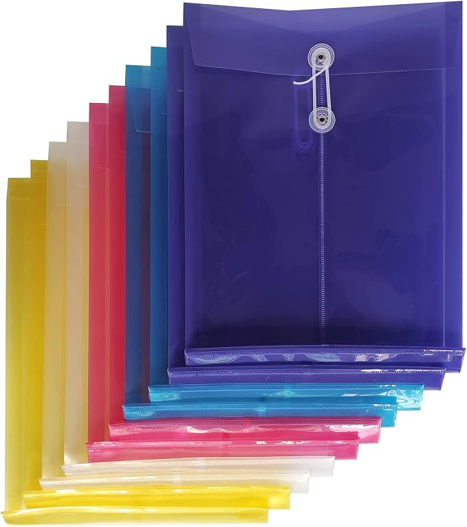 Letter A4 Size Poly String Envelope with Expandable Gusset,Clear Poly Reusable File Folders Project Paper Documents Organizer for Office School Home, 10 Pack