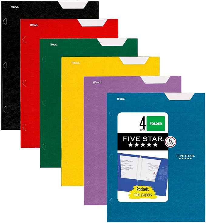 Five Star 4-Pocket Folder,Paper Folder,Fits 3-Ring Binders,Holds 8-1/2" x 11" Paper,Assorted Colors (38056),6 Count (Pack of 8)