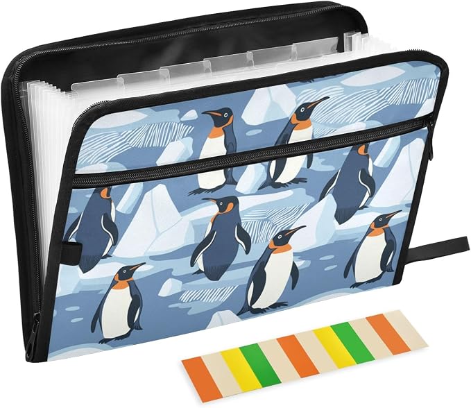 File Folders Penguins on The Ice Plastic Folders with 13 Pockets, Expandable File Folder for Documents School Students Office, Aesthetic Folder with Labels A4 Letter Size