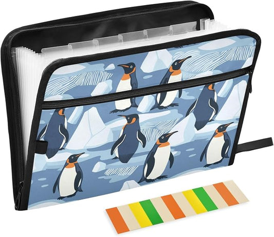 File Folders Penguins on The Ice Plastic Folders with 13 Pockets, Expandable File Folder for Documents School Students Office, Aesthetic Folder with Labels A4 Letter Size