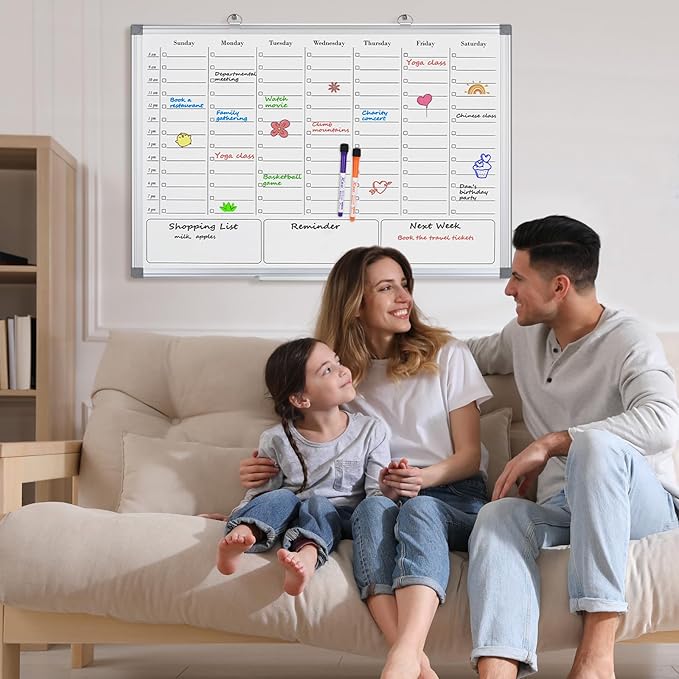 ONAVIA Weekly Calendar Dry Erase Board for Wall, Hanging 36"×24" Double-Sided Magnetic Whiteboard with Hourly Slots, for Planning, Memo, to Do List, Home, Office, Work