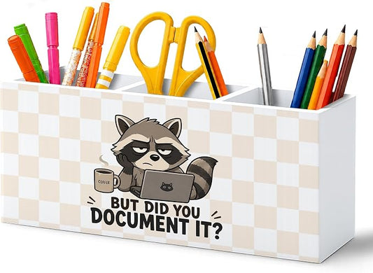 Funny Raccoon Pen Pencil Holder for Desk, Human Resource HR Gifts, Raccoon Gifts, But Did You Document It Checkered Wooden Pencil Holder Organizer Desk Accessories Decor for Home Office