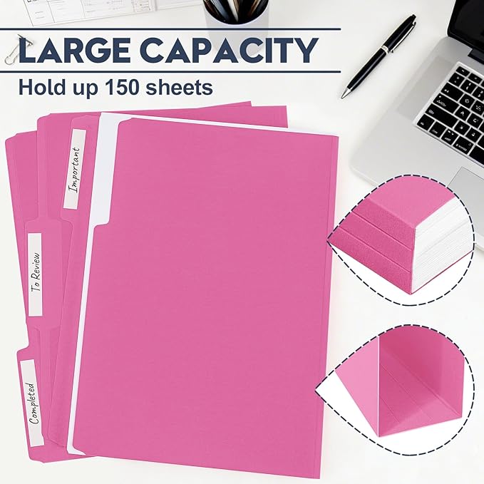 File Folders,150 Pack Letter Size Colored File Folders,8.5" x 11",1/3 Cut Tab Folder,Bulk Durable Paper Folders with Blank Labels for Office Business School Home Use,Bright Pink