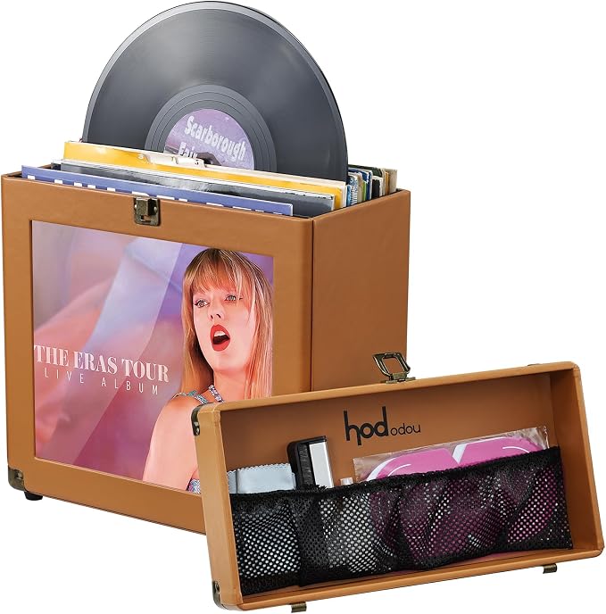 Hododou Vinyl Record Storage Box with Lock Record Organizer Storage for 30+ Single Records 12-inch Water Resistant Collapsible Storage Crate with Lid Handle Mesh Pouch for Vinyl Collect Acrylic Brown