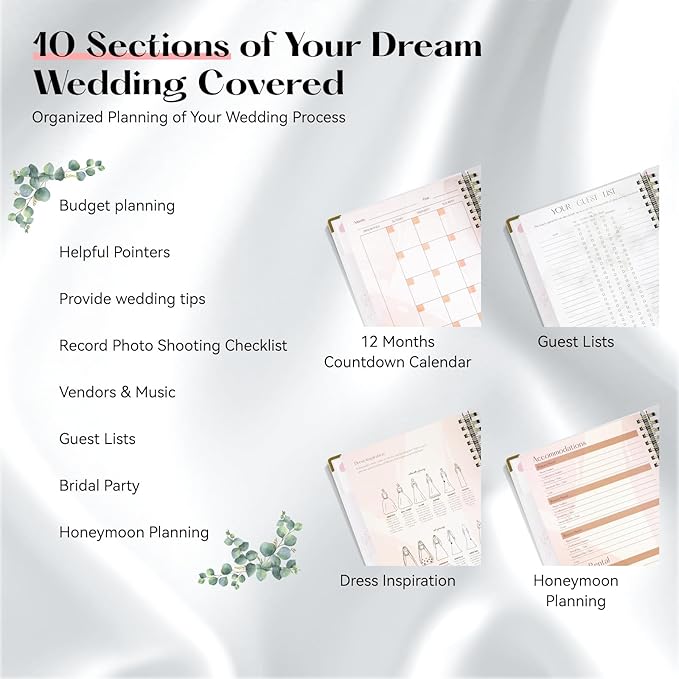 ABC life Wedding Planner Book and Organizer, 10 Sections Notebook Organizer for Bride, Engagement Gifts Binder Calendar with Colorful Stickers, Personalized Wedding Stuff, Flora Loop