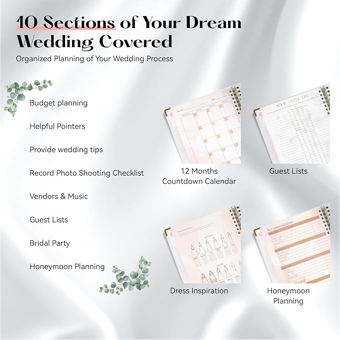 ABC life Wedding Planner Book and Organizer, 10 Sections Notebook Organizer for Bride, Engagement Gifts Binder Calendar with Colorful Stickers, Personalized Wedding Stuff, Green Leaf