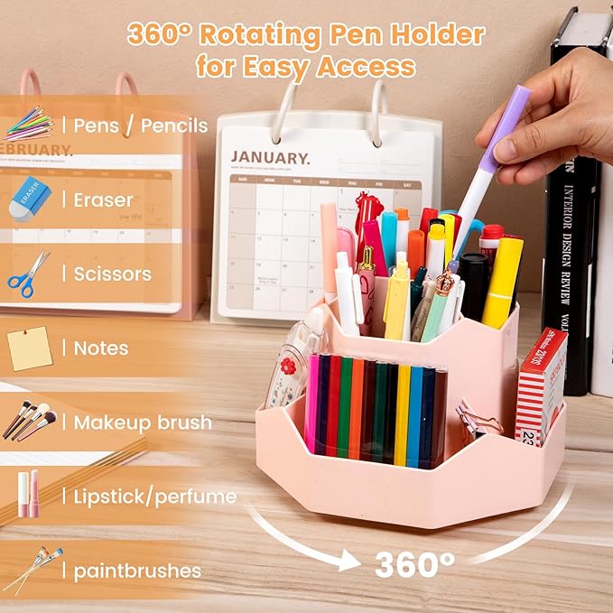 Pencil Pen Holder, 360° Rotating Pen Holder, Desk Organizer with 9 Slots, Desktop Stationery Storage for Office, School & Home, Art Supplies Desktop Decor, Pink