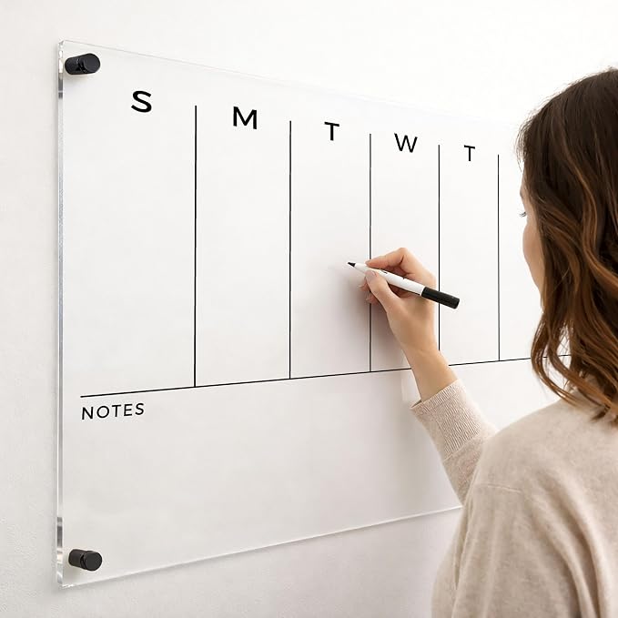 Weekly Acrylic Dry Erase Wall Calendar - To Do List & Goals Planner, Reusable Family Organizer, Office Schedule, Housewarming Gift (Black Standoff, 28"x20")