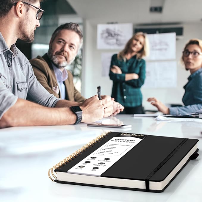 WEMATE 5 Pack Meeting Notebooks for Work（7"x10"） 200 Pages, PU Leather Notebook with Action Items & Note, For Staff & Students, Meeting, Projects Planning- Black, Blue, Green, Olive Green, Dark Blue