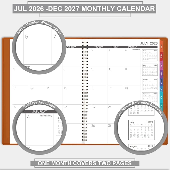 2026-2027 Monthly Planner - 2026-2027 Calendar/Planner 18 Months with Faux Leather, 8.86" x 11.4", Jul. 2026 - Dec. 2027, 15 Notes Pages, Strong Twin - Wire Binding, Pocket, Monthly Tabs, Perfect Organizer