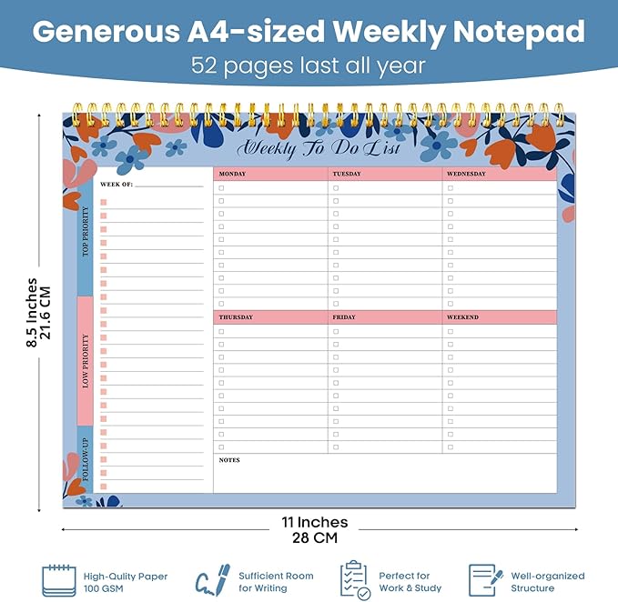 Weekly To Do List Notepad with 52 Undated Sheets（8.5"×11"）- Undated Weekly Planner Notepad for Office Desk Accessories and Supplies - Frosted Coral