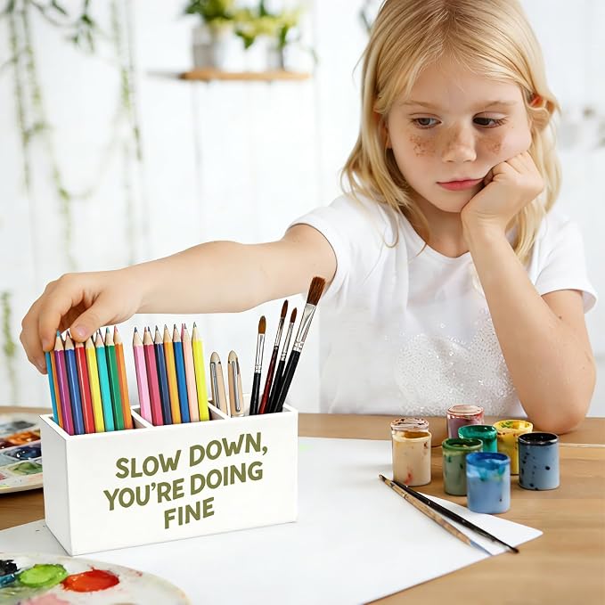 Inspirational Pen Pencil Holder for Desk, Inspirational Gifts for Women Men, Slow Down You're Doing Fine Motivational Wooden Box Sign Decorations for Home Classroom Office Desk Tabletop