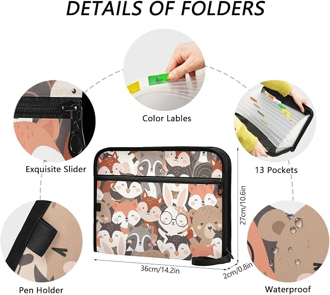 Cute Woodland Animals File Folders,Plastic Folders with 13 Pockets,Expandable File Folder for Documents School Students Office,Aesthetic Folder with Labels A4 Letter Size
