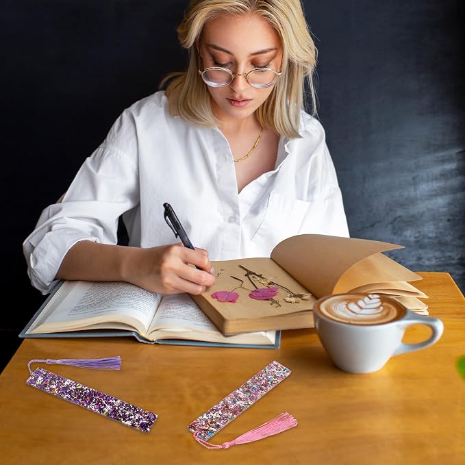 2 Pcs Glitter Bookmarks with Tassels Resin Bookmarks for Girls Kids Book Marks for Reading Purple Pink Tassel Bookmark for Girls Women Book Lover Reading Presents
