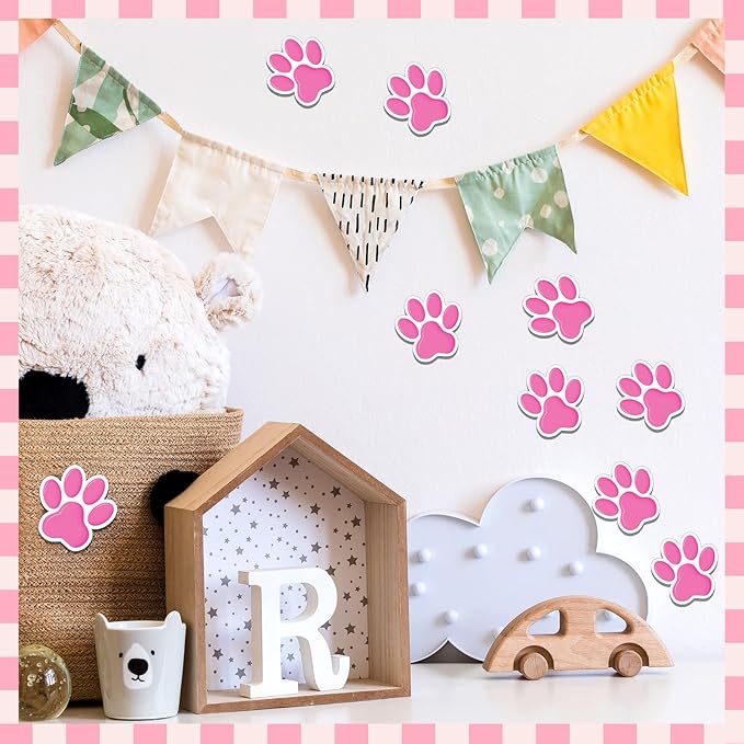 Junkin 60 Pcs Mini Paw Prints Cutouts Accents Bulletin Board Patrol Table Decorations Wall Decal Poster for Kids Educational School Home Party Supplies (Pink Purple)