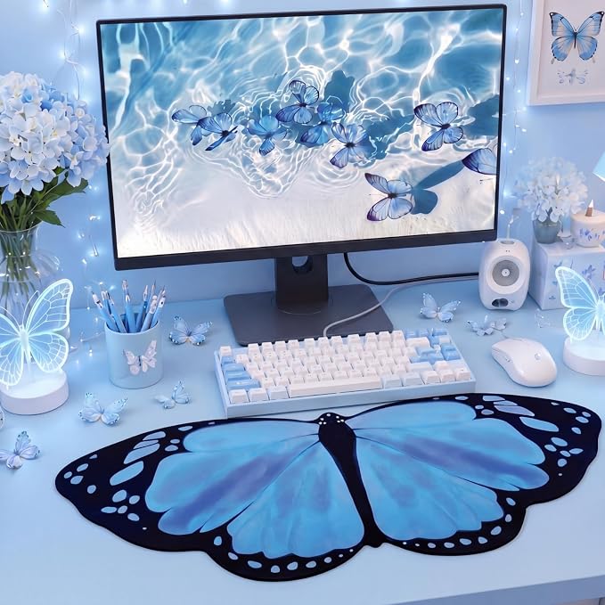 Tellegloww Large Blue Butterfly Gaming Mouse Pad Desk Mat Decorative Butterfly Keyboard Desk Mat with Non-Slip Base Table Accessories for Office Home Study 35.43 x 15.75 Inches