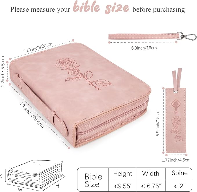 Bible Cover for Women - Leather Study Case with Bookmark, Supplies Carrying Bag Tote with Strap, Personalized Book Organizer for Journaling - Pink