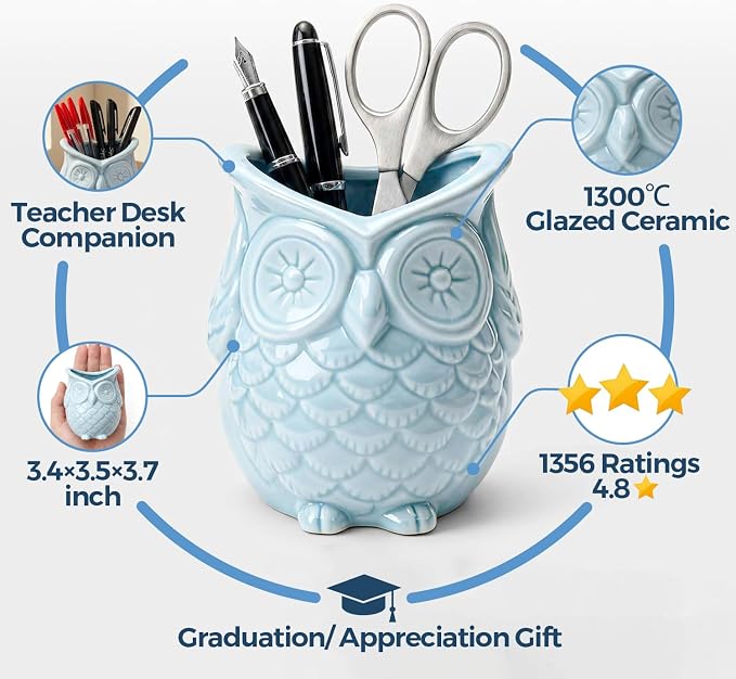 ComSaf Ceramic Owl Pen Holder, Glazed Blue Pencil Cup — Cute Teacher Appreciation Gift for Desk, Owl-Shaped Classroom Decor, Small Office Organizer for Home, School Desk & College Dorm Room, 3.5 Inch
