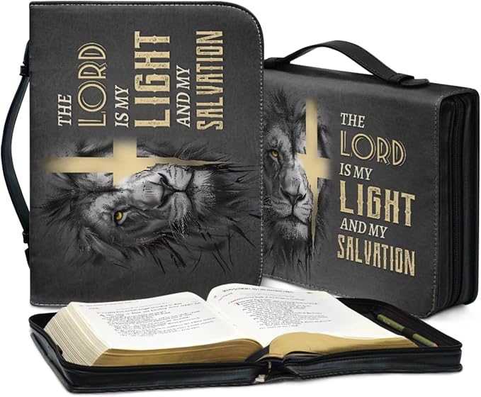 Retro Religious Style Cross Lion Bible Case with Bookmark Waterproof Bible Cover Case for Women Lightweight Bible Bag with Handle Pockets Church Book Bag Grey