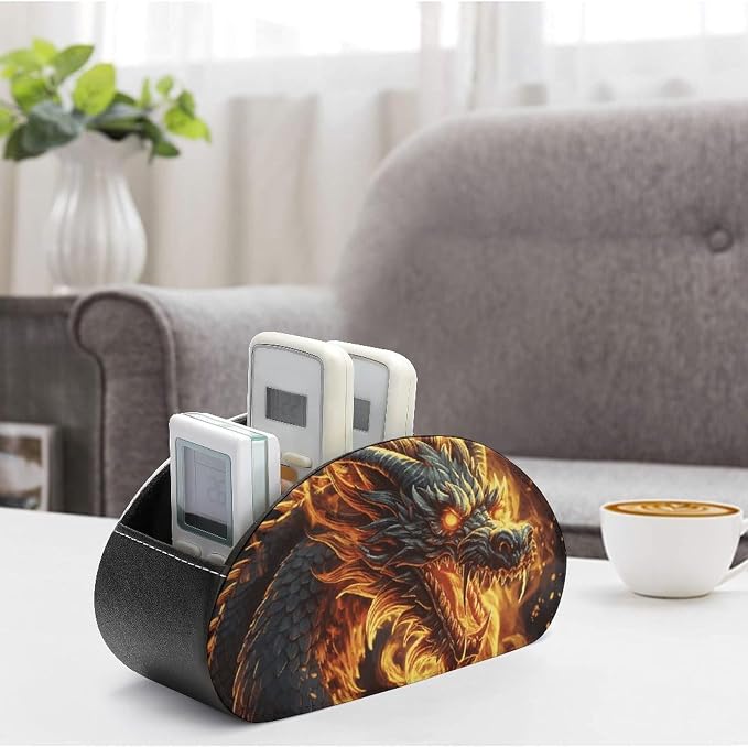 Pu Leather Remote Control Holders Waterproof TV Remote Holder with 5 Compartments Fire Chinese Dragon Remote Caddy Box Desktop Storage Organizers for TV Remotes/Media Controllers/Office Supplies