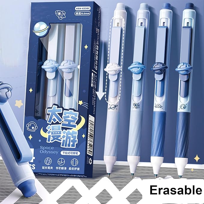 MOZXIRZ 4 Pcs Erasable Gel Pens Cute Retractable Pens Cartoon Space Erasable Pen 0.5mm Black Ink Kawaii Writing Pen for Women Office School Supplies (Space-Black Ink)