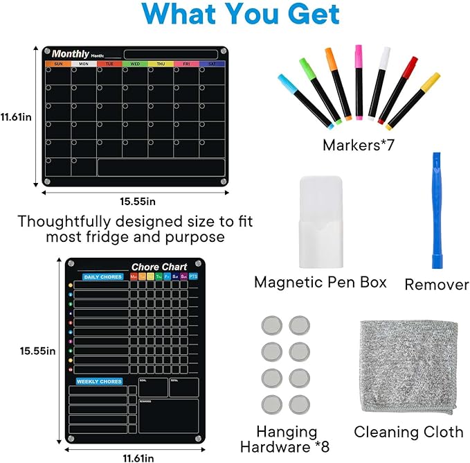 Black Magnetic Acrylic Dry Erase Calendar for Fridge, Monthly & Weekly/Chore Chart Planning Board Set for Kids/Adults/Teens, Includes 7 Colorful Markers, 16"x12"