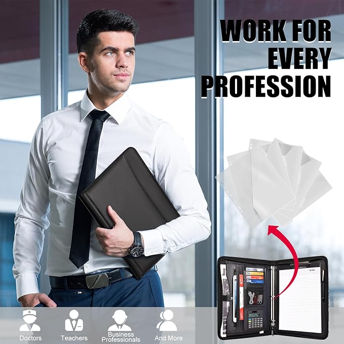 Eshow Portfolio Organizer - 3 Ring Binder with Zipper, Vegan Leather Business Padfolio Folder with Notepad Includes 5 Clear Sheet Protectors for Documents Files for Men Women