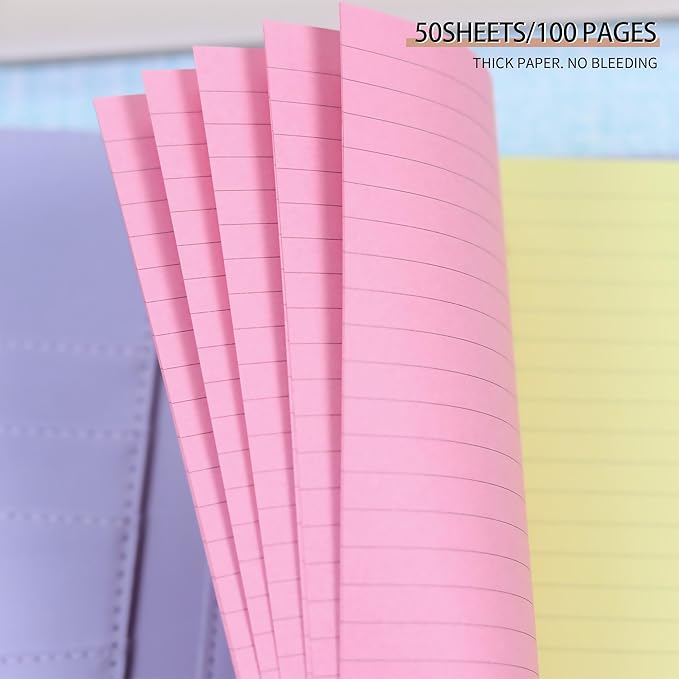 Lined Refill Paper, Colorful Ruled Journal Fillers for A6 Size 6-Ring Binder, A6 Planner Inserts,5-color 120 GSM Thick Loose Leaf Paper,50 Sheets/100 Pages