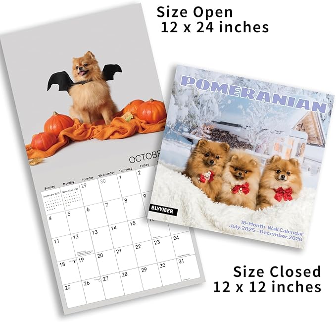2025-2026 Wall Calendar,Pomeranian Wall Calendar, 12" x 24" Open,Family Planner Calendar Organizer with Pomeranian Images, for Dogs Lovers