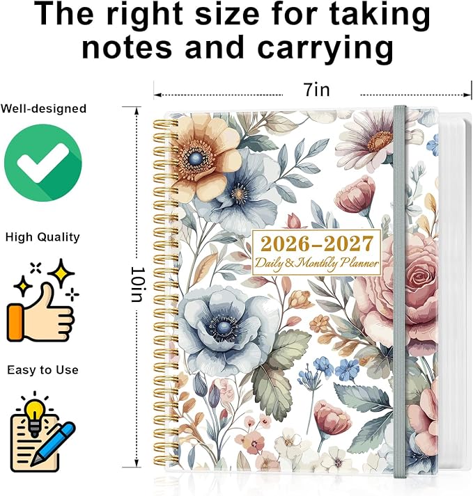 2026-2027 Daily & Monthly Planner Calendar - Daily Planner Calendar One Page Per Day from July 2026 to June 2027, Flexible Cover, 7" x 10", Storage Pocket, Colorful Large Flower