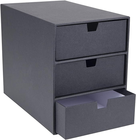 Bigso Ingrid 3-Drawer Fiberboard Desk Organizer for Office Supplies and Accessories - Stackable Makeup Drawer Organizer - 6.3in x 9.9in x 8.1in - Dark Grey