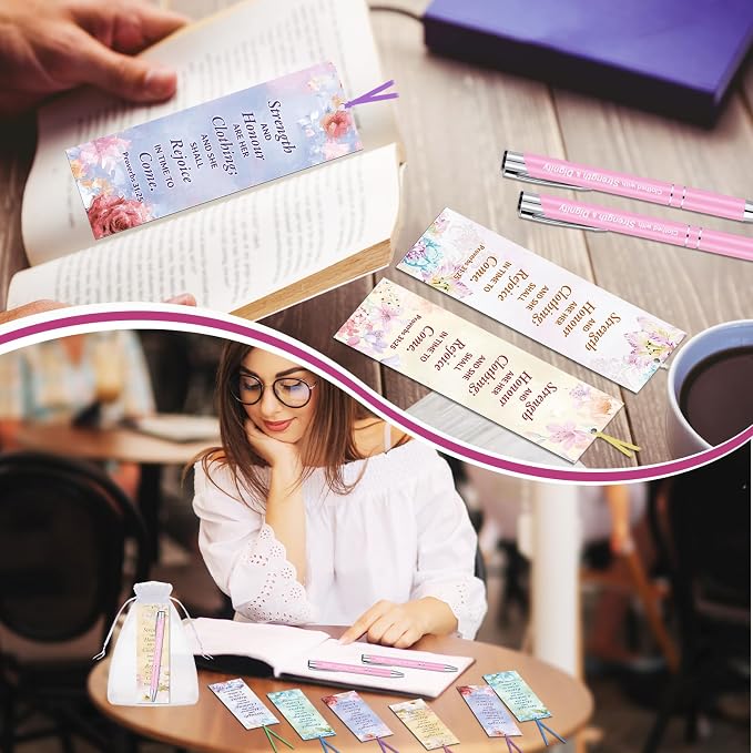 Dispowreath 24 Pcs/12 Sets She Is Clothed with Strength and Dignity Bookmark with Pen 12 Proverbs 31: 25 Bookmarks, 12 Inspirational Bible Verse Pen for Women Men Christian Gifts Church Party Supplies