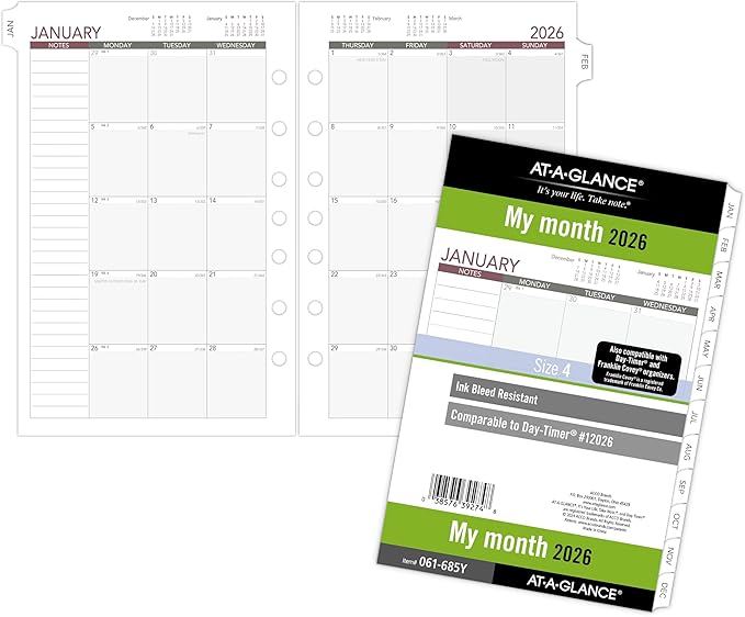 AT-A-GLANCE 2026 Planner Refill, Monthly, 5-1/2" x 8-1/2", Desk Size 4, Loose-Leaf, Unruled Blocks (061-685Y-26)