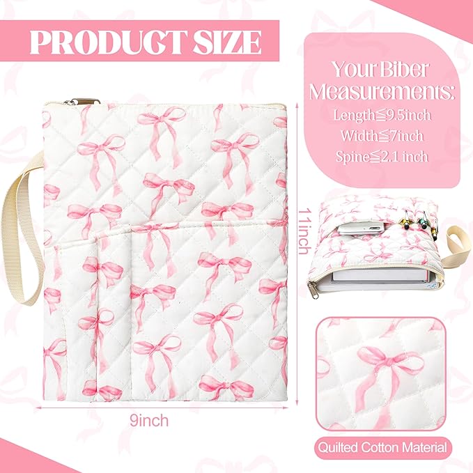 Gilprop Bible Book Sleeve with Zipper 11" x 9" Padded Protector Washable Quilted Book Covers Pink Bow Printed Bible Pouch with Handle Pockets Protector for Books Lover Christian Gifts