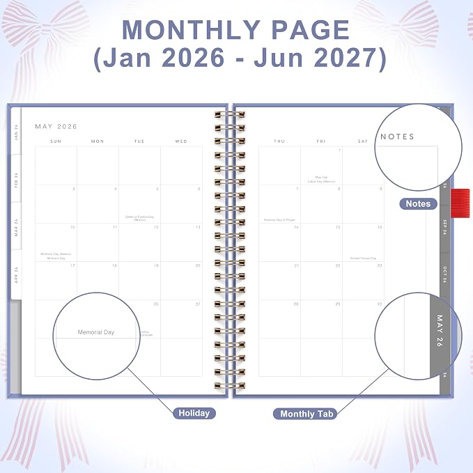 And Per Se 2026 Planner, A4 Size-Daily, Weekly & 18-Monthly Planner, Daily Schedule, Monthly Tabs, 100 GSM Thick Paper(Bowknot Pattern)