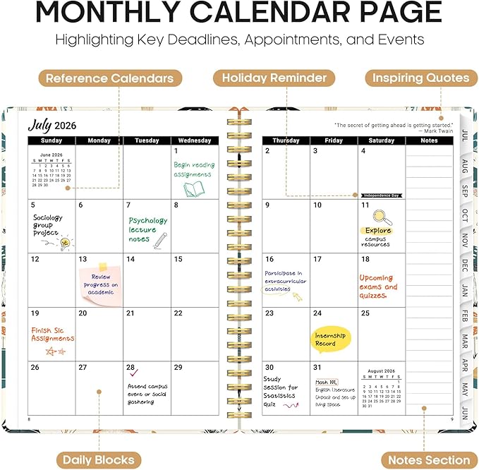 Planner 2026-2027, Academic Year Weekly and Monthly Calender Planner, from Jul 2026 - Jun 2027, Spiral Bound School Planning Book, Perfect for Teacher, Student, Women & Men, A4 (8.5" x 11"), Mushrooms Grove